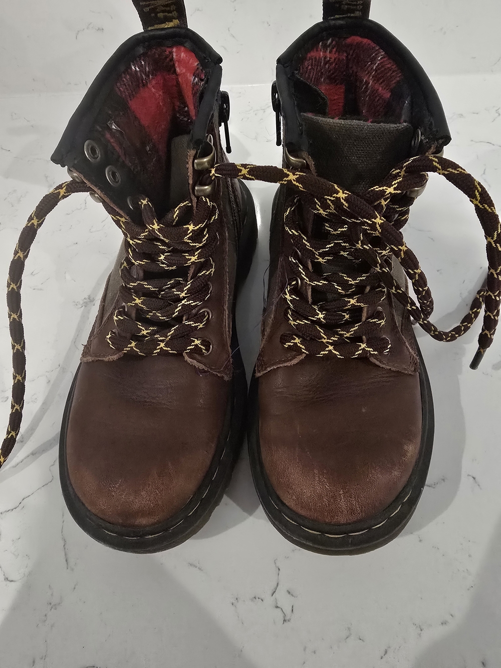 Dr. Martens Kids Brown Leather Lace-Up Boots with Yellow-Thread Laces